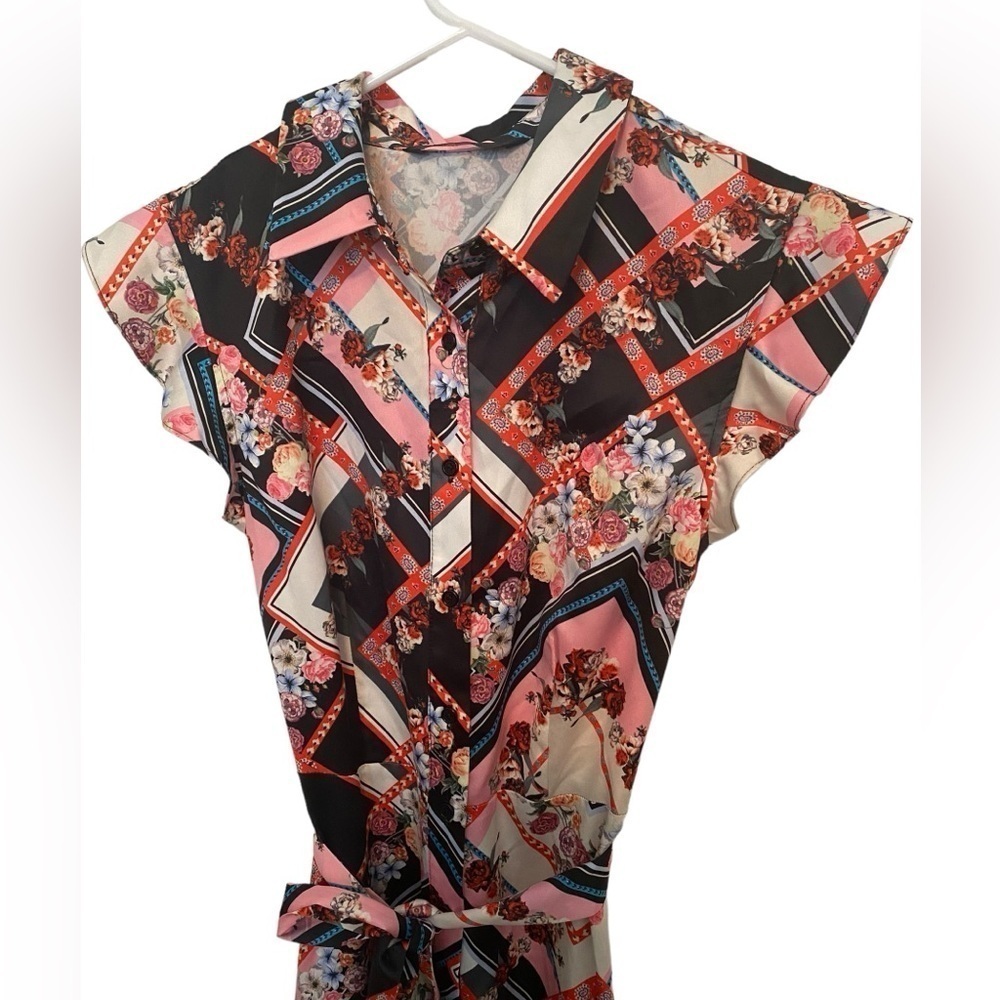 G.I.L.I. Asymmetrical Shirt Dress Print Size 0 Artsy Boho Flounce Sleeve - Picture 3 of 8